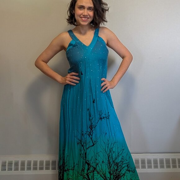 Blue and Green Forest-Print Maxi Dress - Picture 1 of 8